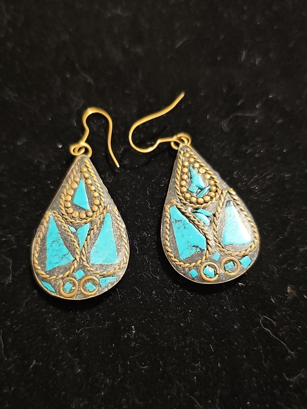 Turquoise Teardrop Inlay Dangle Earrings - Gold Accents